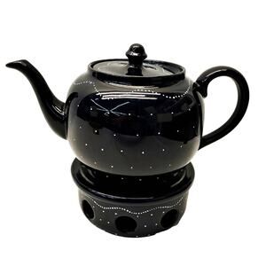 French Rustic Alsace Soufflenheim 8.5 Tea Pot & Warmer Black Polka Dot Pottery